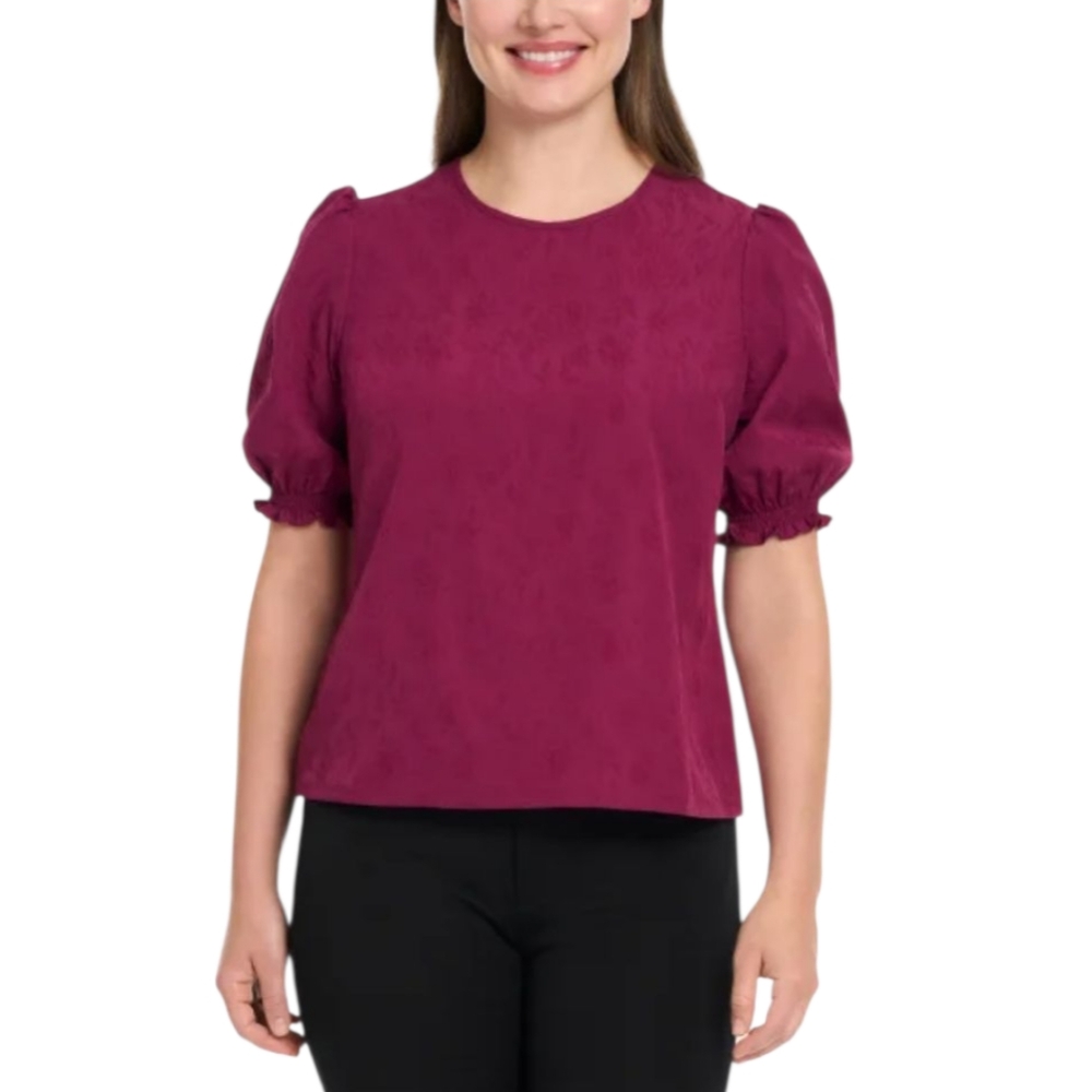 🆕️ Ted Baker Floral Texured Short Sleeve Blouse in Burgundy
